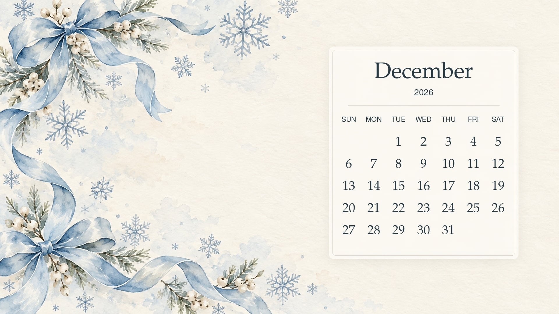 December 2026 desktop calendar with pale blue ribbon bows and delicate watercolour snowflakes.