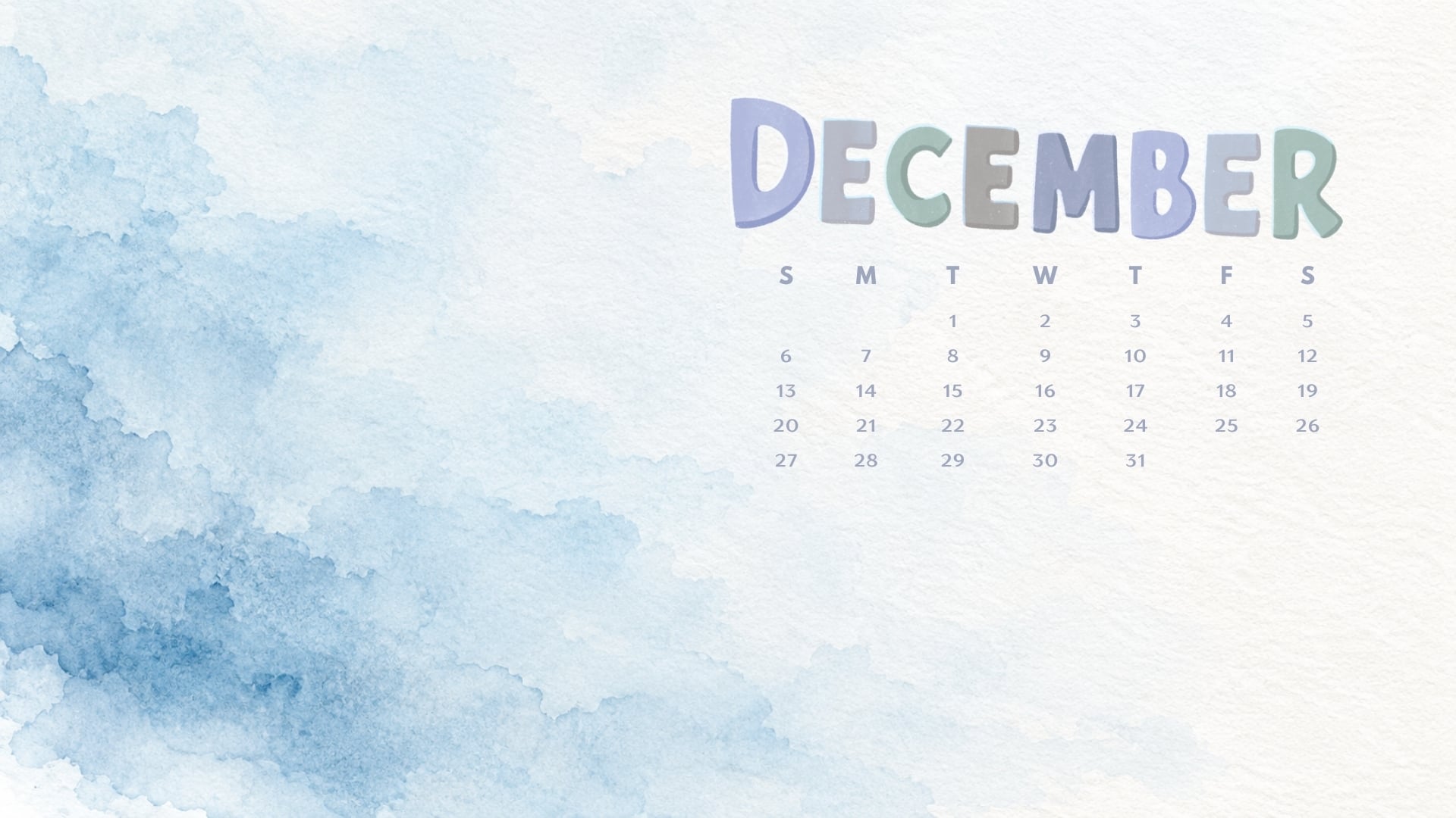 December 2026 desktop calendar with a pale blue watercolour wash fading across warm white paper.
