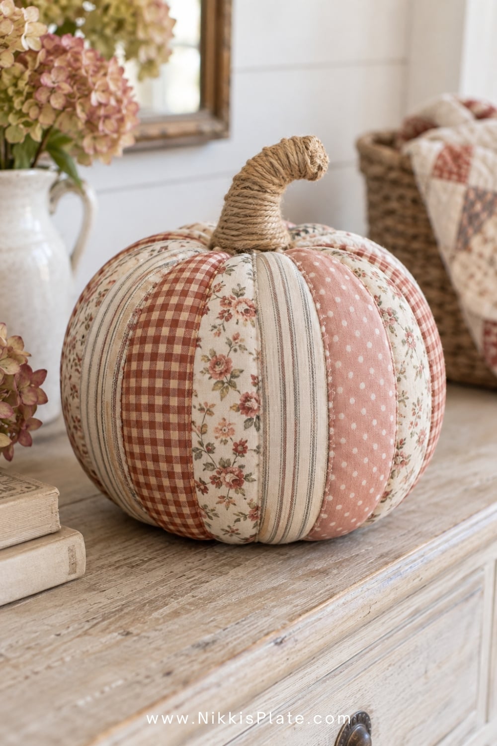 Patchwork pumpkin covered in floral, gingham and ticking-stripe fabric.
