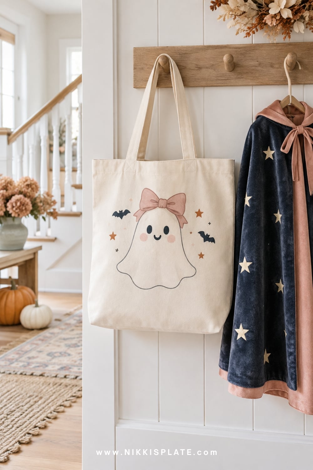 Personalized canvas Halloween tote with a friendly ghost and child's name area.