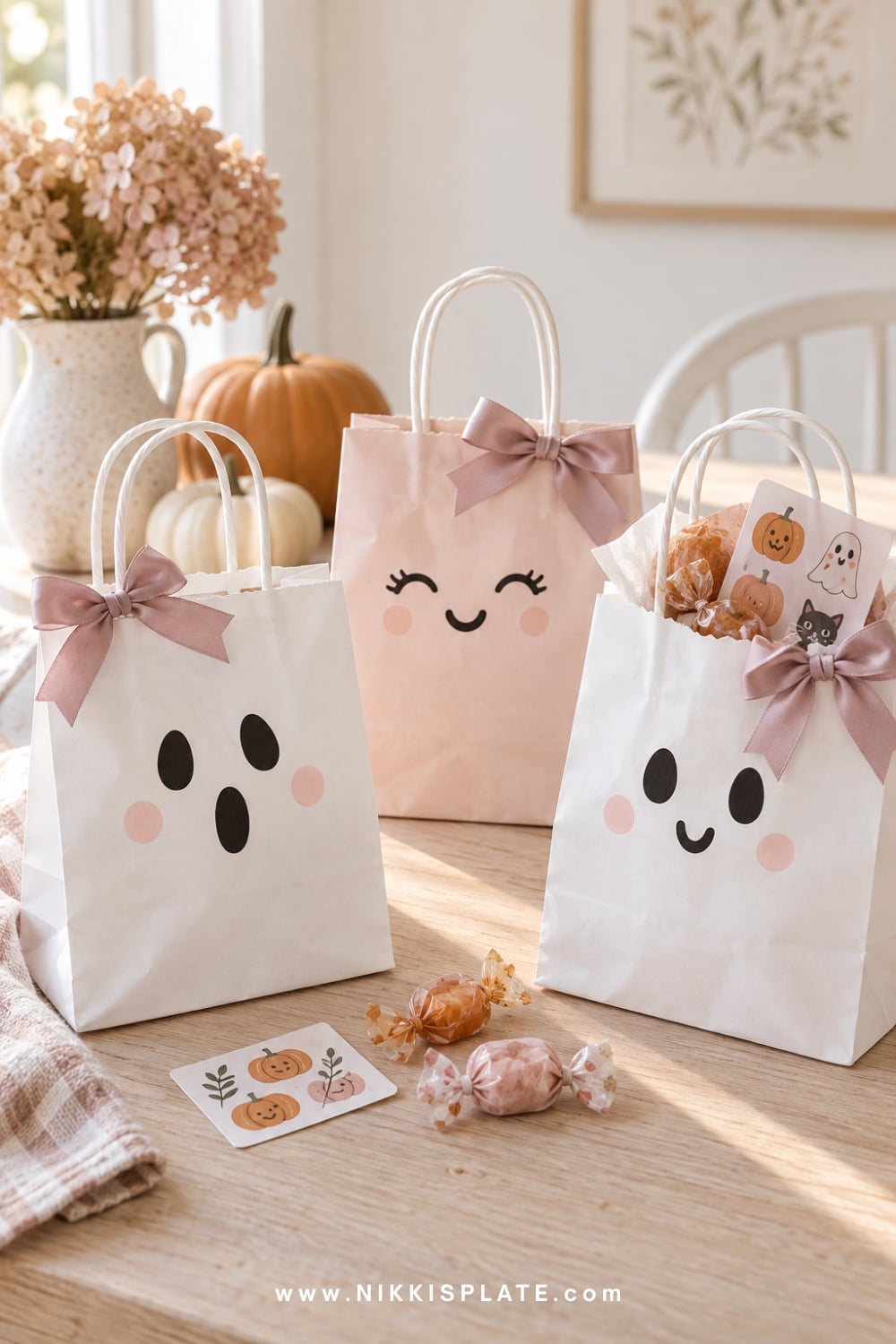 White and blush ghost treat bags with satin bows and wrapped Halloween treats.