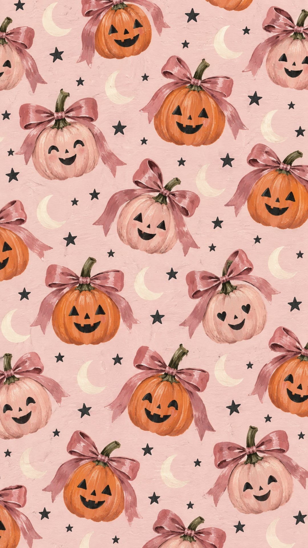 Pink Halloween iPhone wallpaper with carved pumpkins, satin bows and tiny black stars.