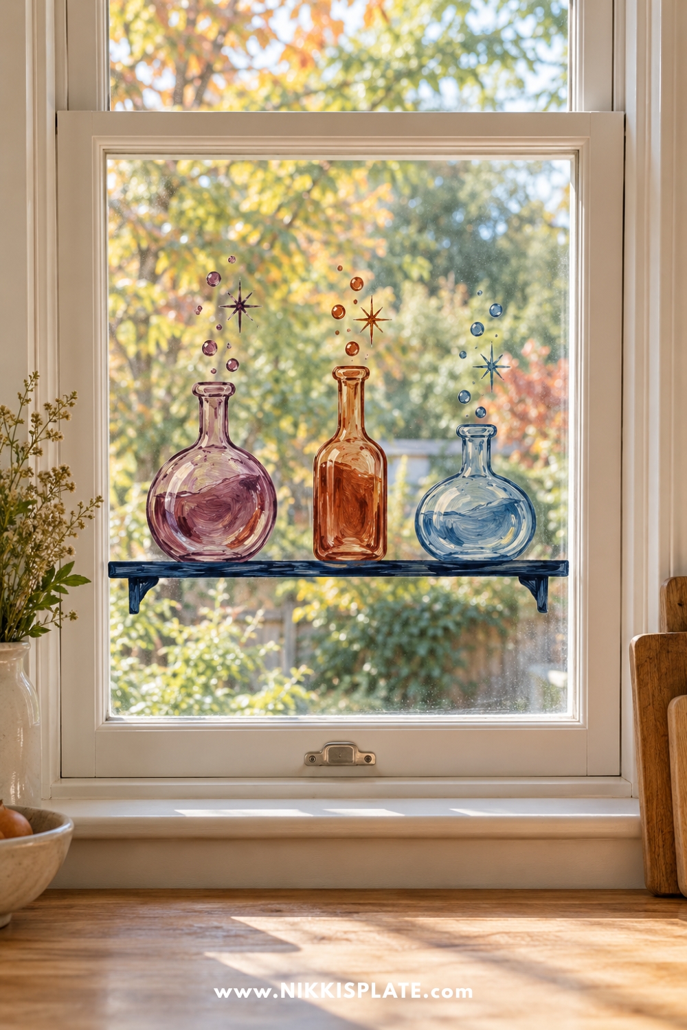 Three colourful potion bottles painted on a shelf line across a kitchen window.