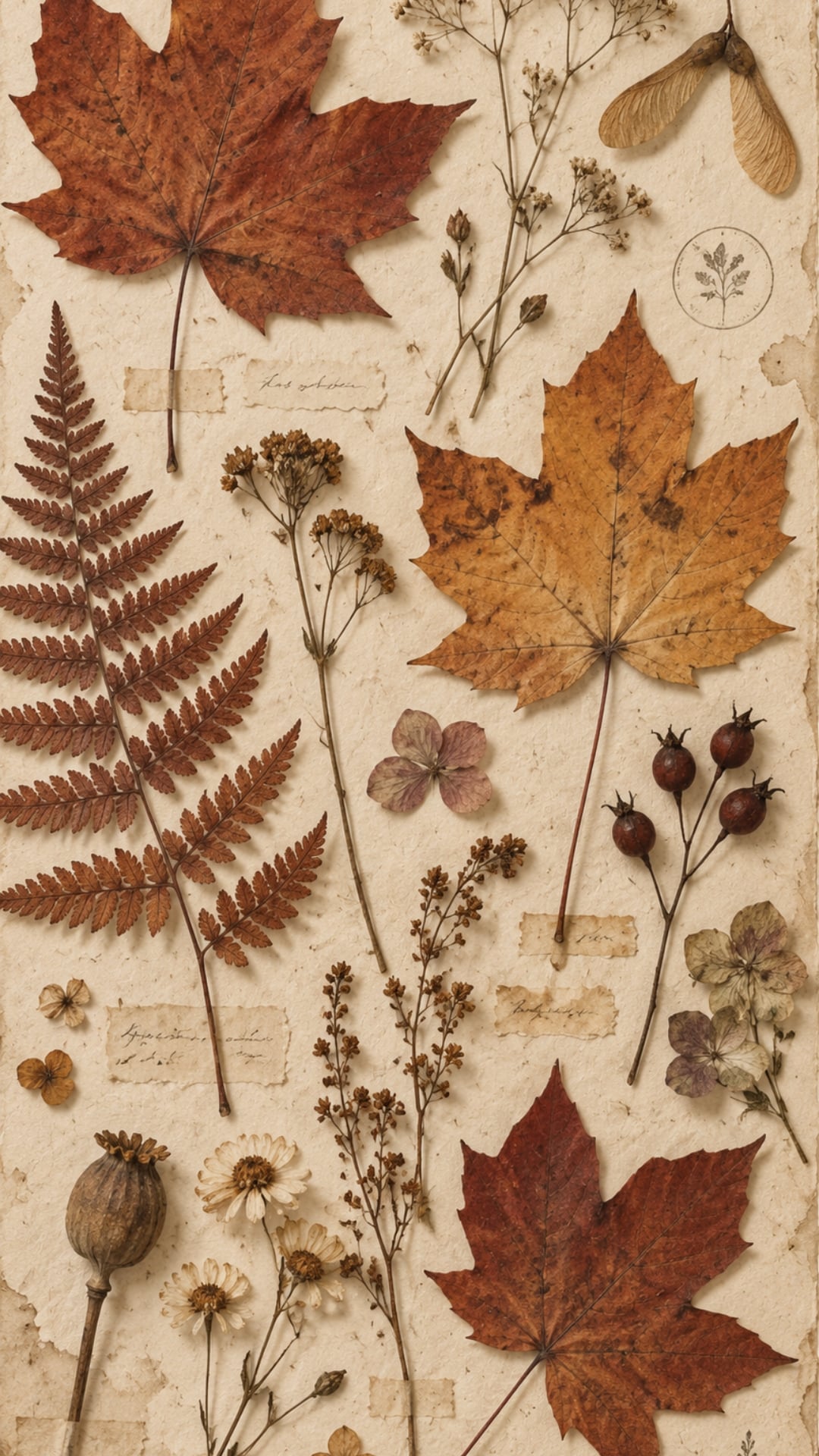 Autumn iPhone background with pressed maple leaves, ferns, seed pods and tiny flowers on paper.