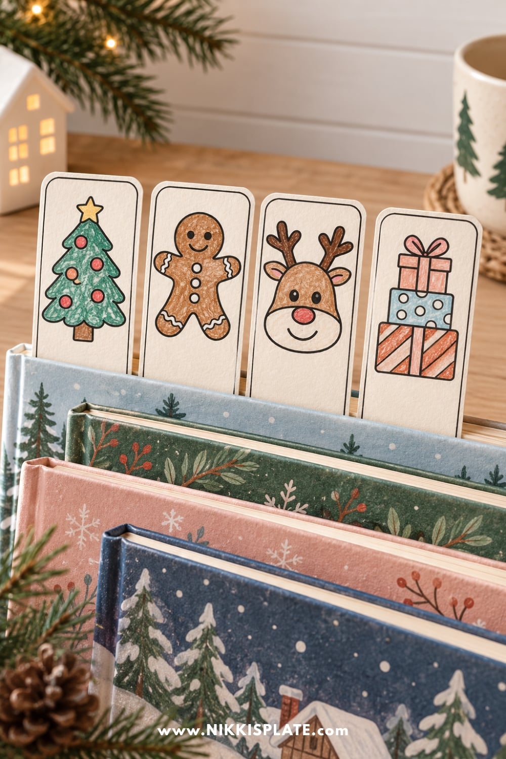 Finished printable Christmas bookmarks for kids featuring festive holiday characters