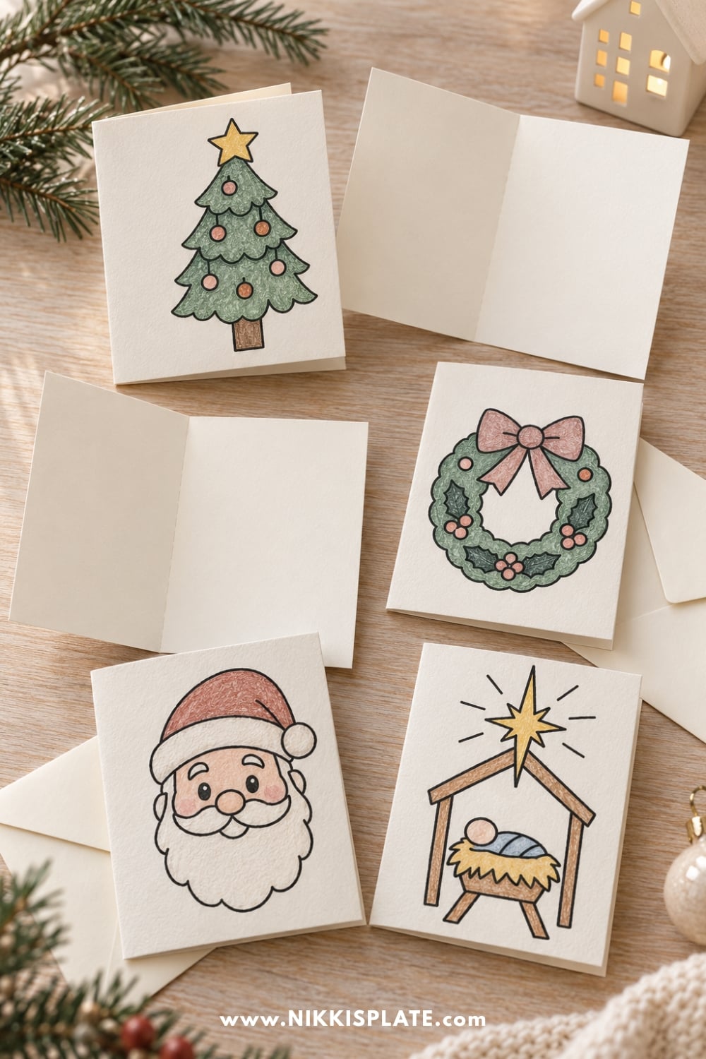 Handmade printable Christmas cards for kids featuring a tree, wreath, Santa and nativity scene