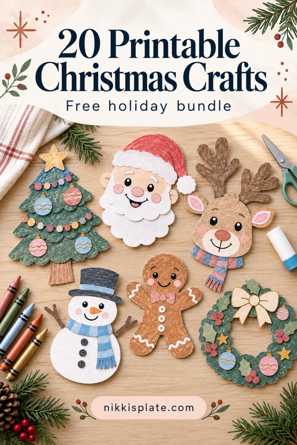 Pinterest pin showing six printable Christmas crafts on a pale wood table with the headline 20 Printable Christmas Crafts.