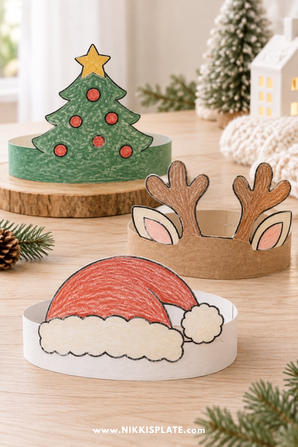 Finished printable Christmas crowns for kids colored, assembled and ready to wear