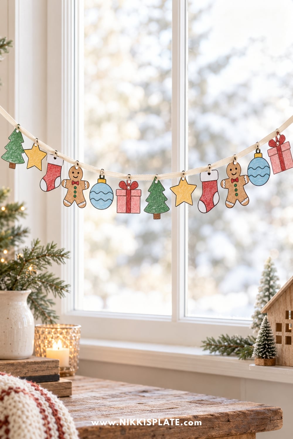 inished printable Christmas garland with paper trees, stars, stockings, ornaments and gingerbread people