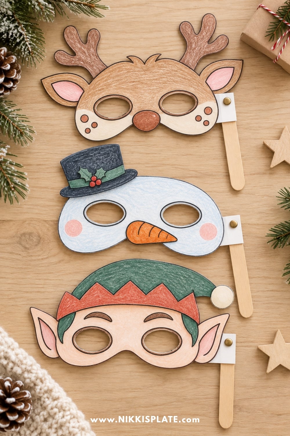 Finished printable Christmas masks for kids featuring festive holiday characters
