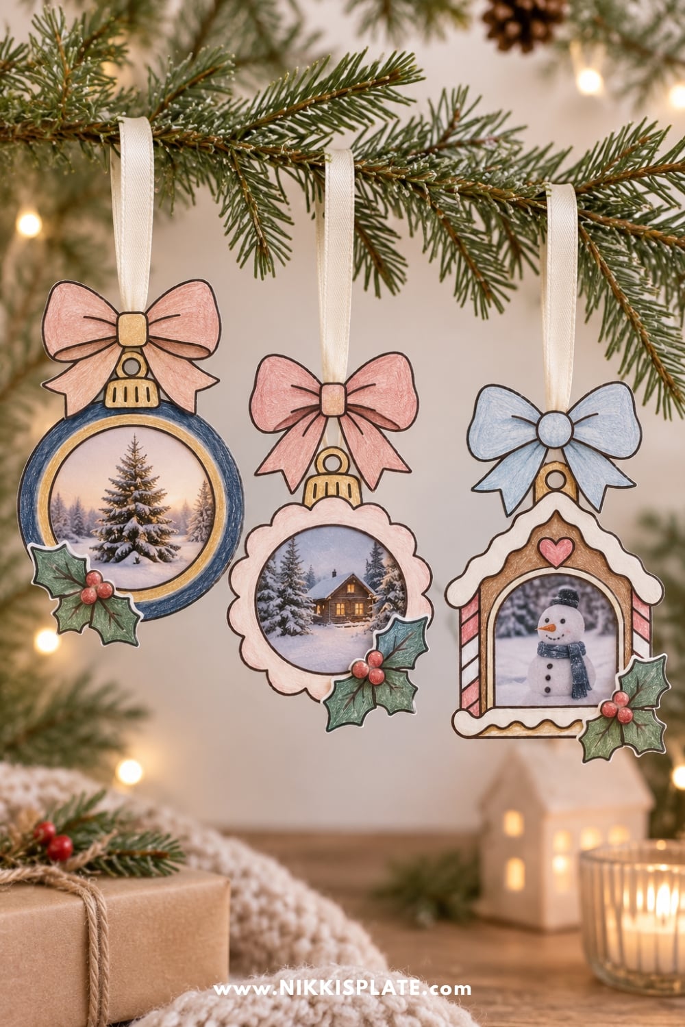 Finished printable Christmas photo ornaments for kids displayed with ribbon hangers