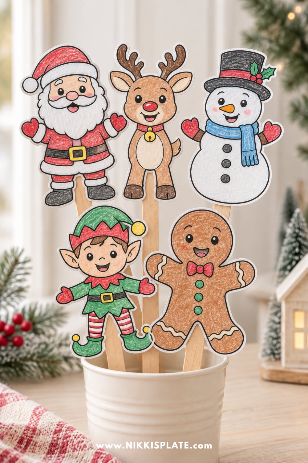 Finished printable Christmas character puppets attached to wooden craft sticks