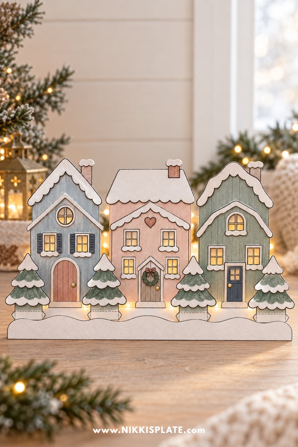 Finished printable Christmas village craft with three paper houses and snow-covered trees