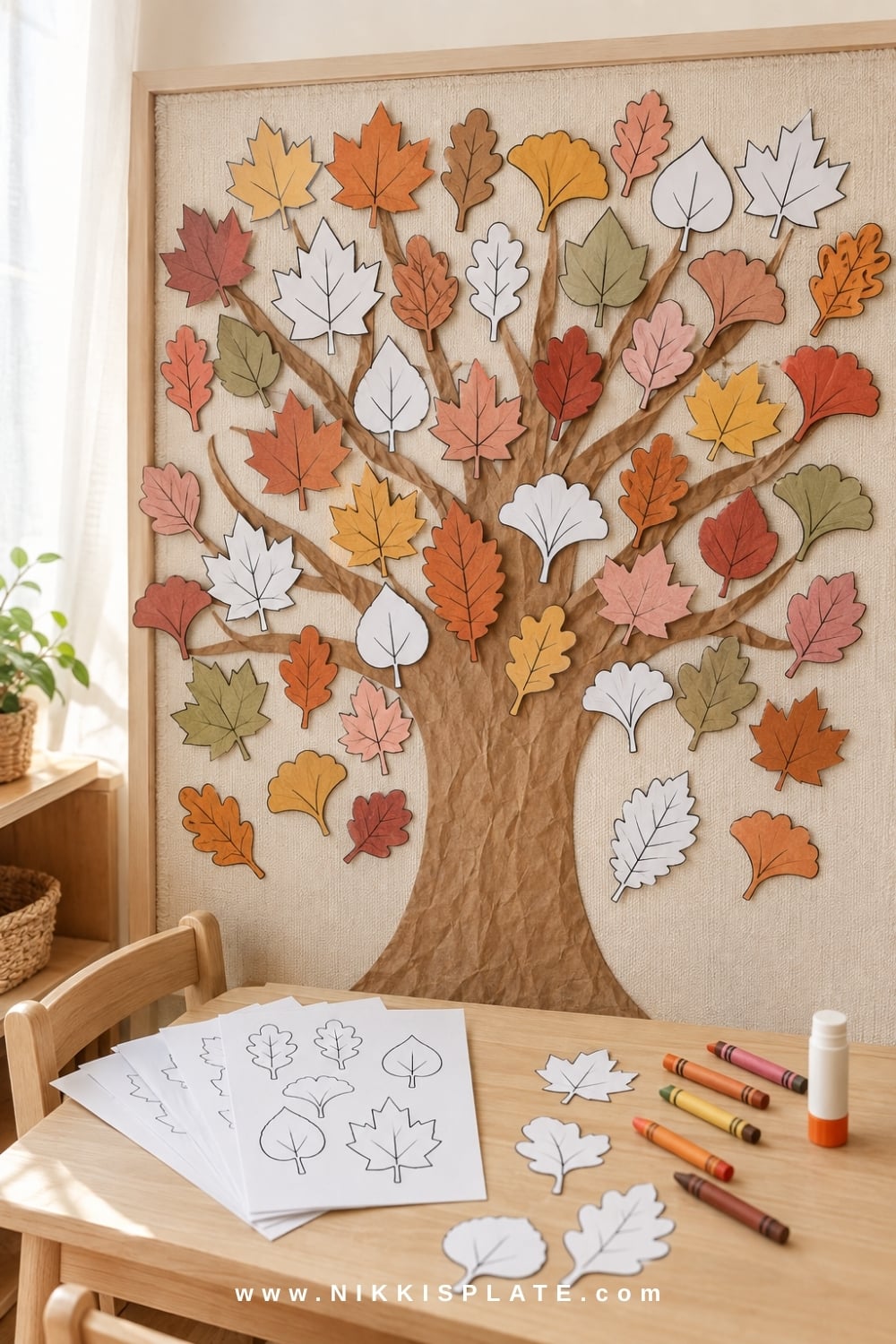 Printable fall leaves used for a colorful classroom bulletin board craft.