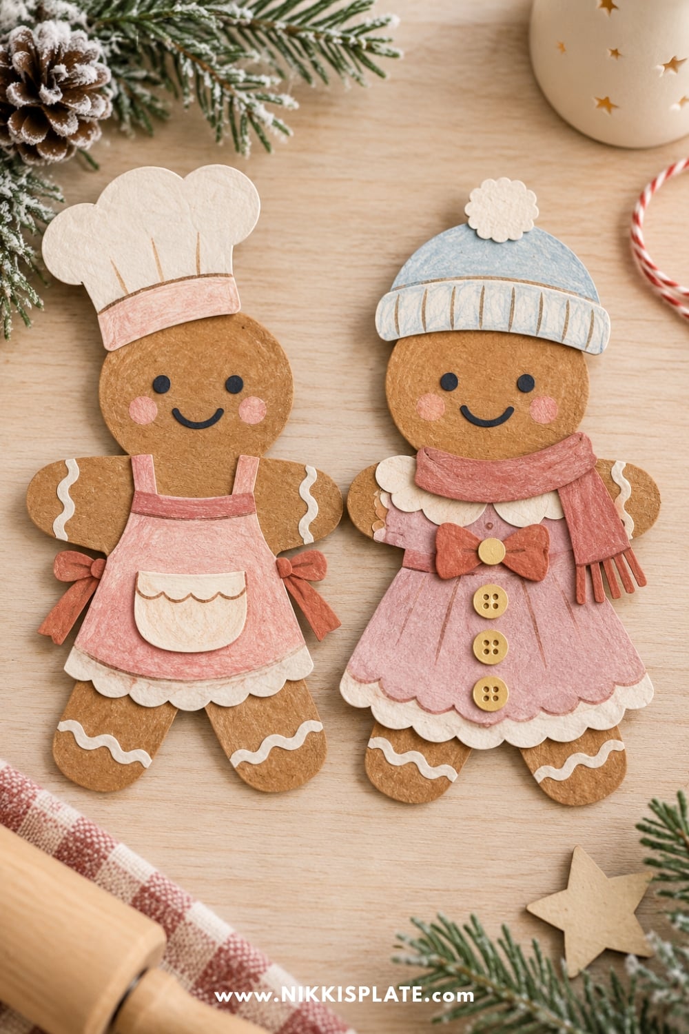 Finished printable gingerbread person craft dressed in colorful paper Christmas clothing