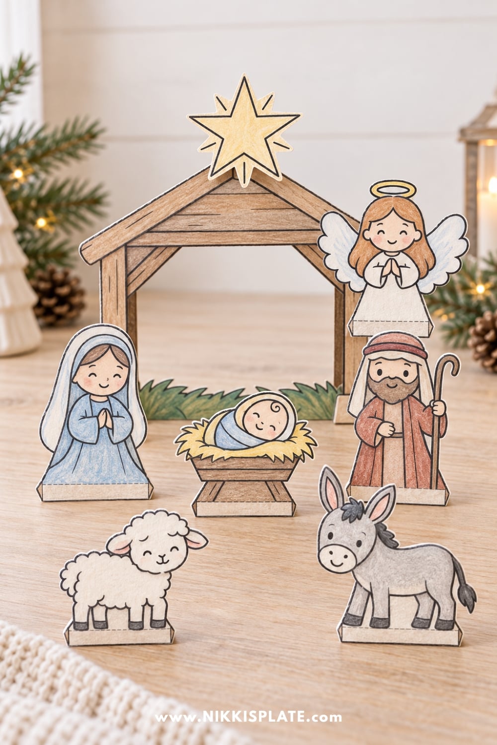 Finished printable nativity craft for kids featuring Mary, Joseph and baby Jesus