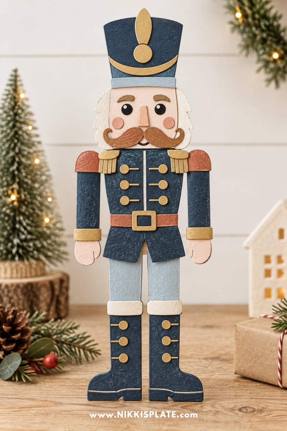 Finished printable nutcracker craft assembled with a navy uniform, gold details and paper boots
