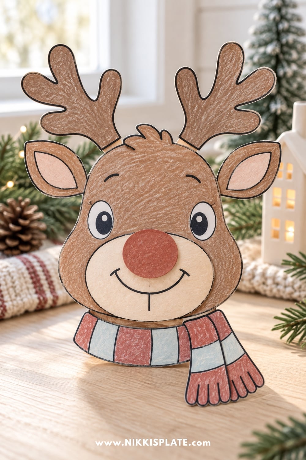 Finished printable reindeer craft with paper antlers, red nose and striped scarf