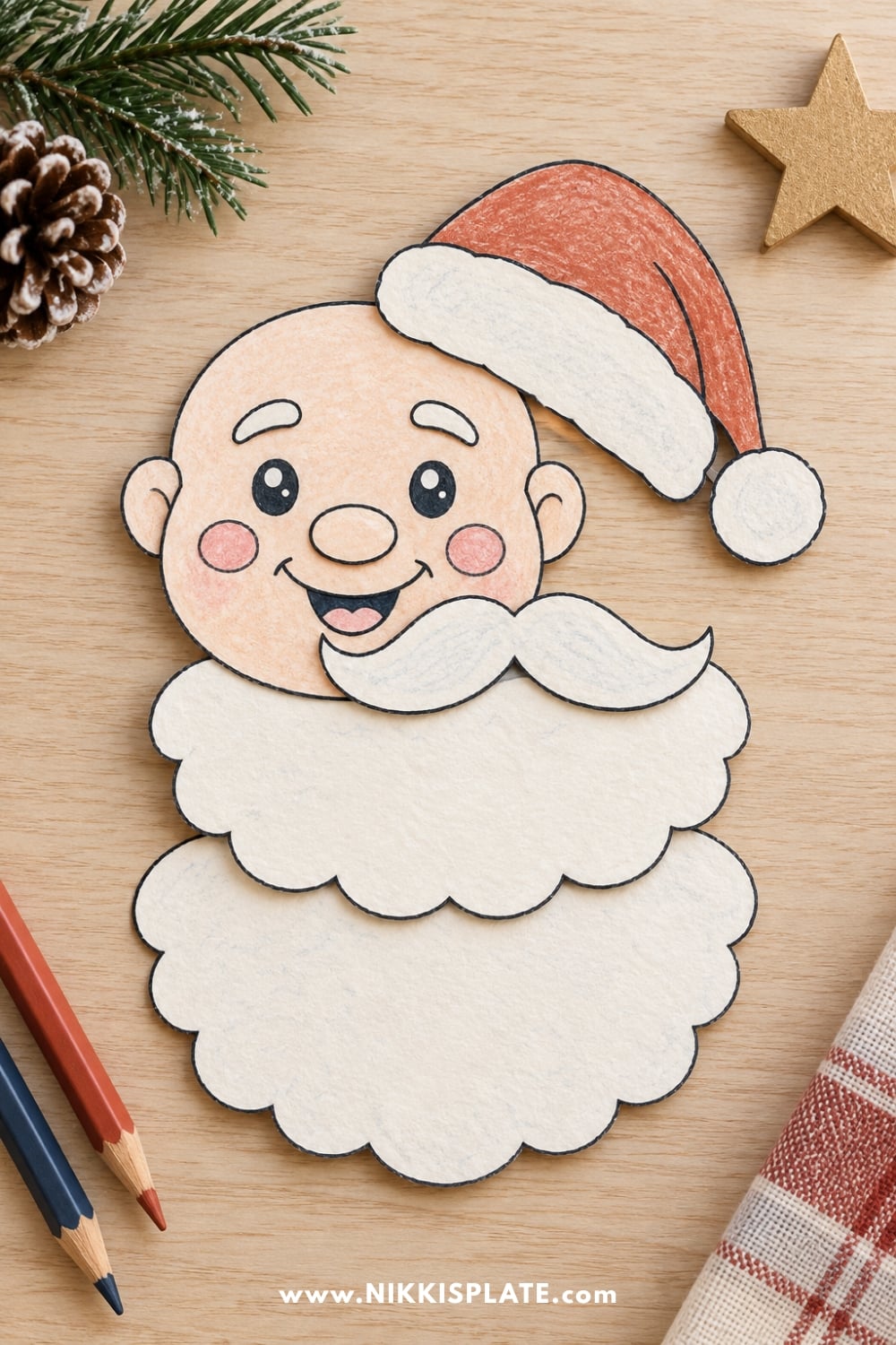 Finished printable Santa craft for kids assembled from colored and cut paper pieces