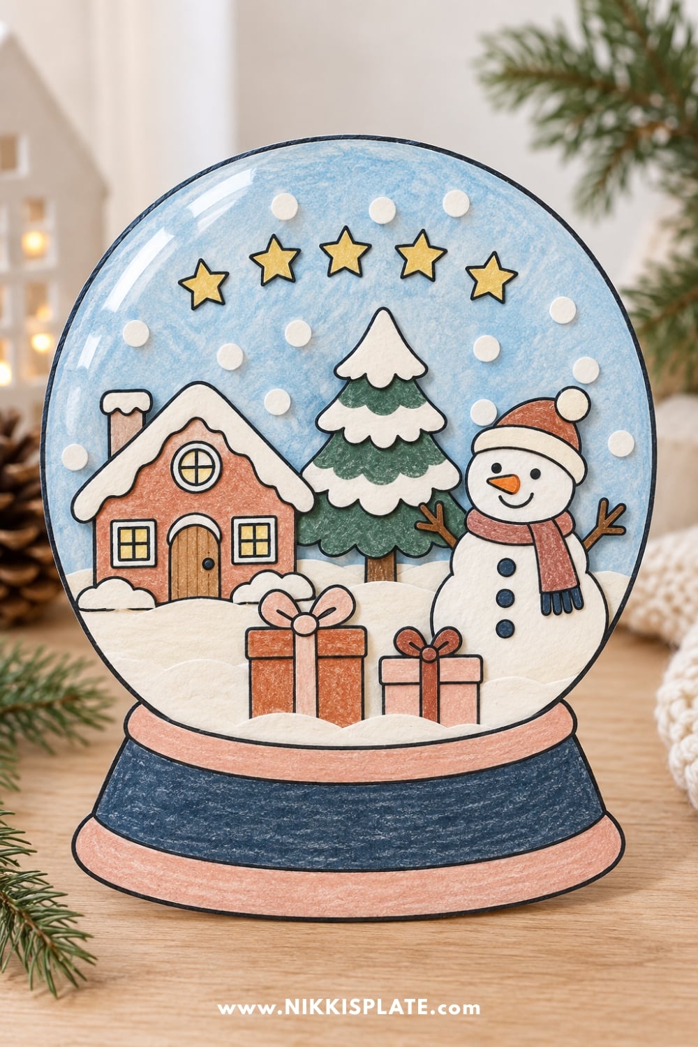 Finished printable snow globe craft featuring a colorful Christmas scene inside