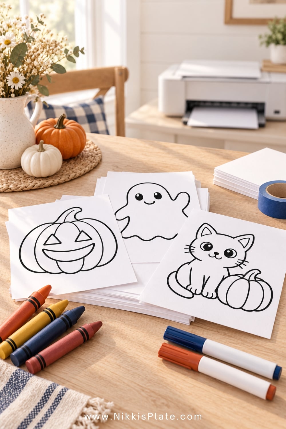 Printed Halloween coloring pages beside jumbo crayons, washable markers and white cardstock on a farmhouse table.