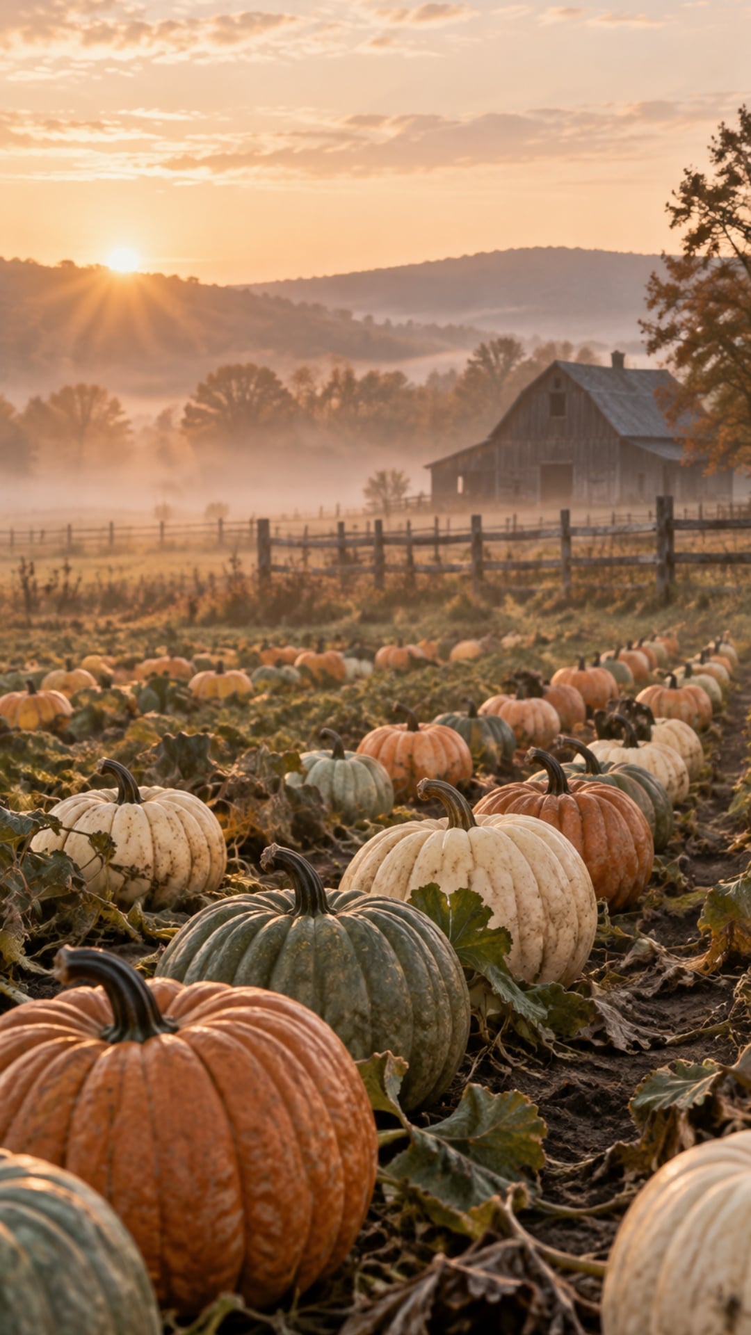 Autumn iPhone wallpaper with heirloom pumpkins in a misty field beside a rustic barn.