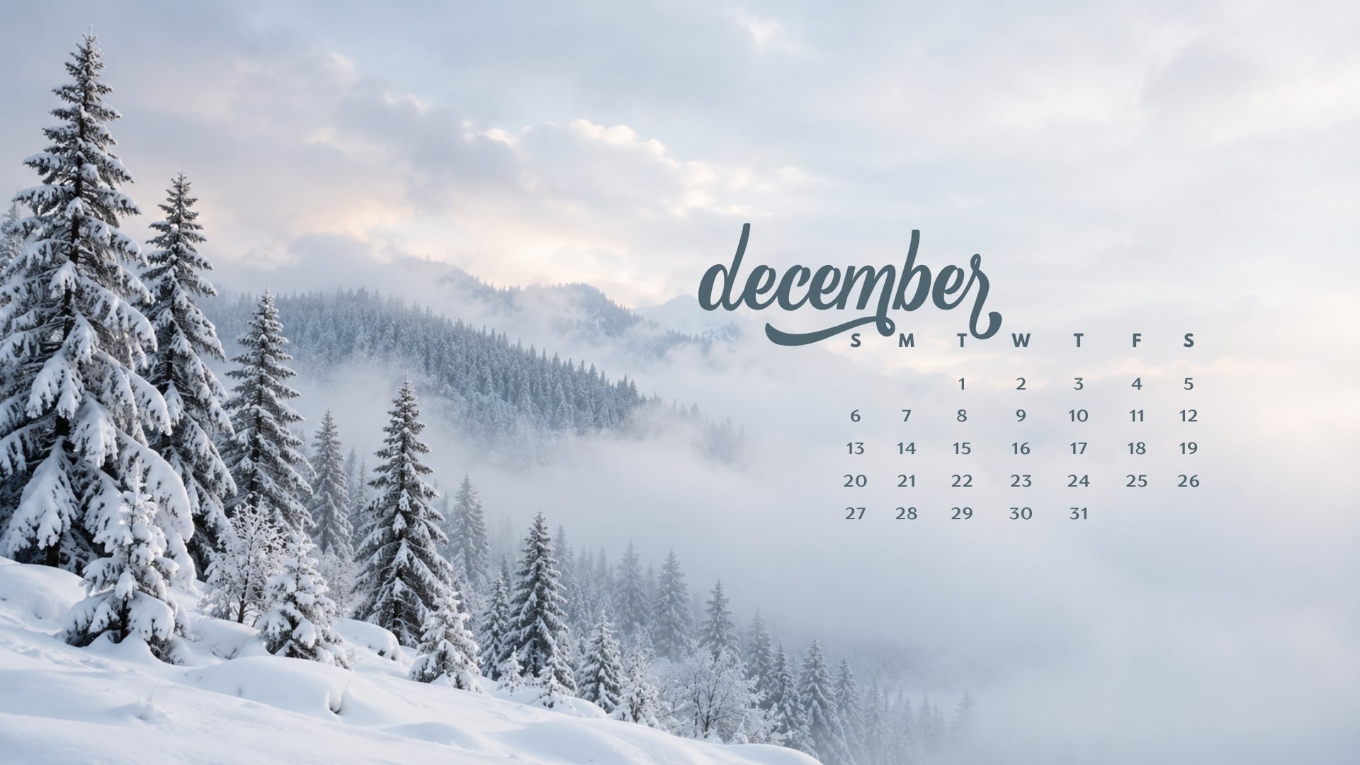 December 2026 desktop calendar with snow-covered pine trees fading into blue-grey mist.