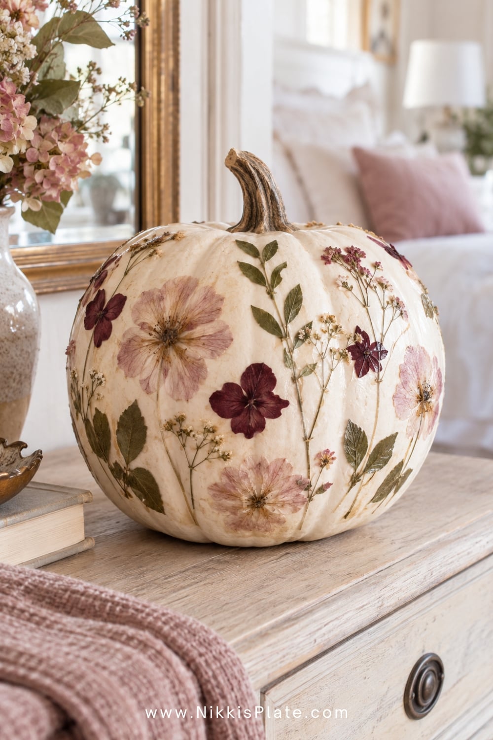 White pumpkin decorated with pressed blush flowers and autumn leaves.