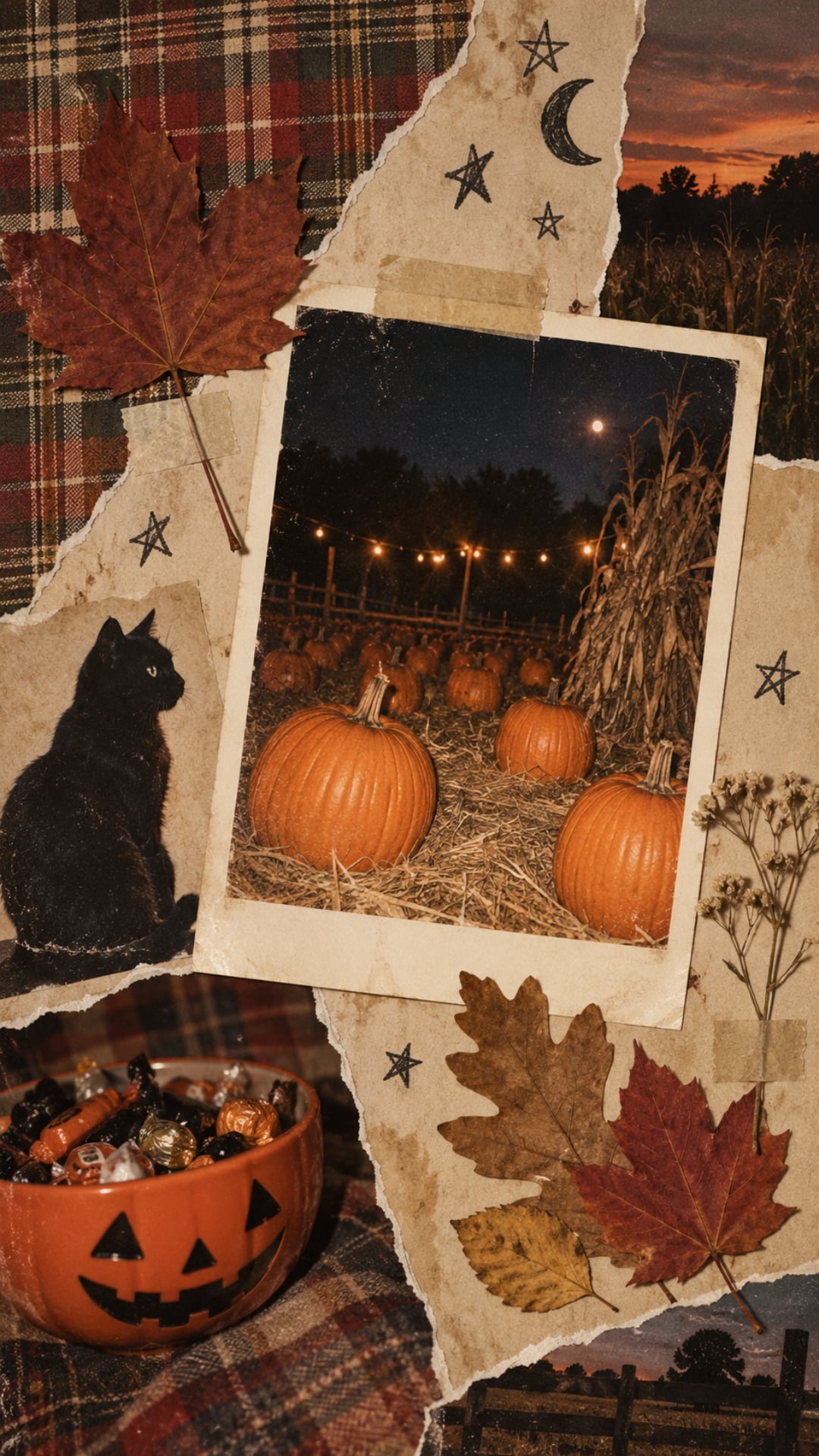 Retro October fall phone wallpaper with pumpkins, plaid, candy, black cat and film-style texture.