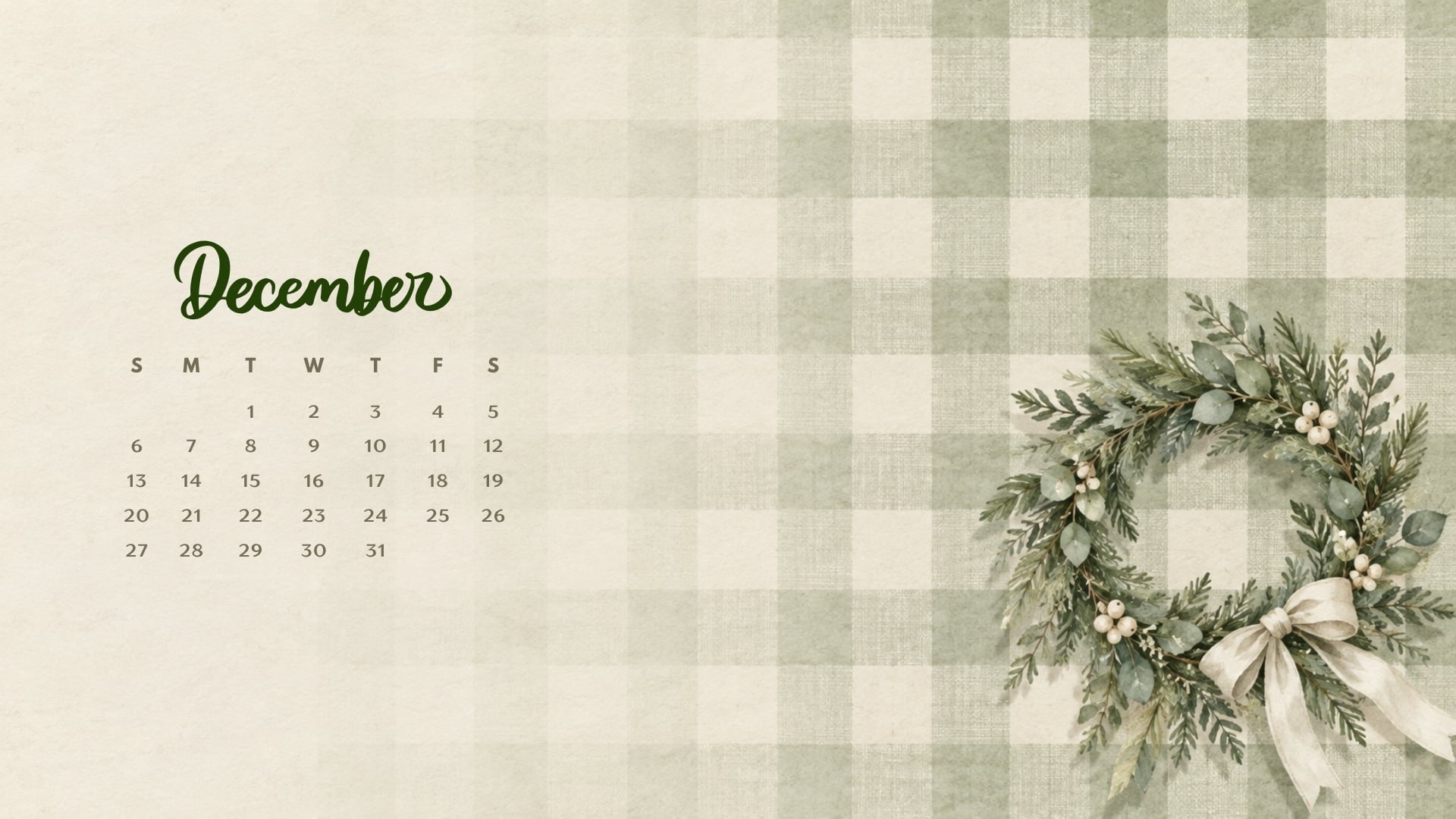 December 2026 desktop calendar with sage gingham and an evergreen wreath tied with cream ribbon.