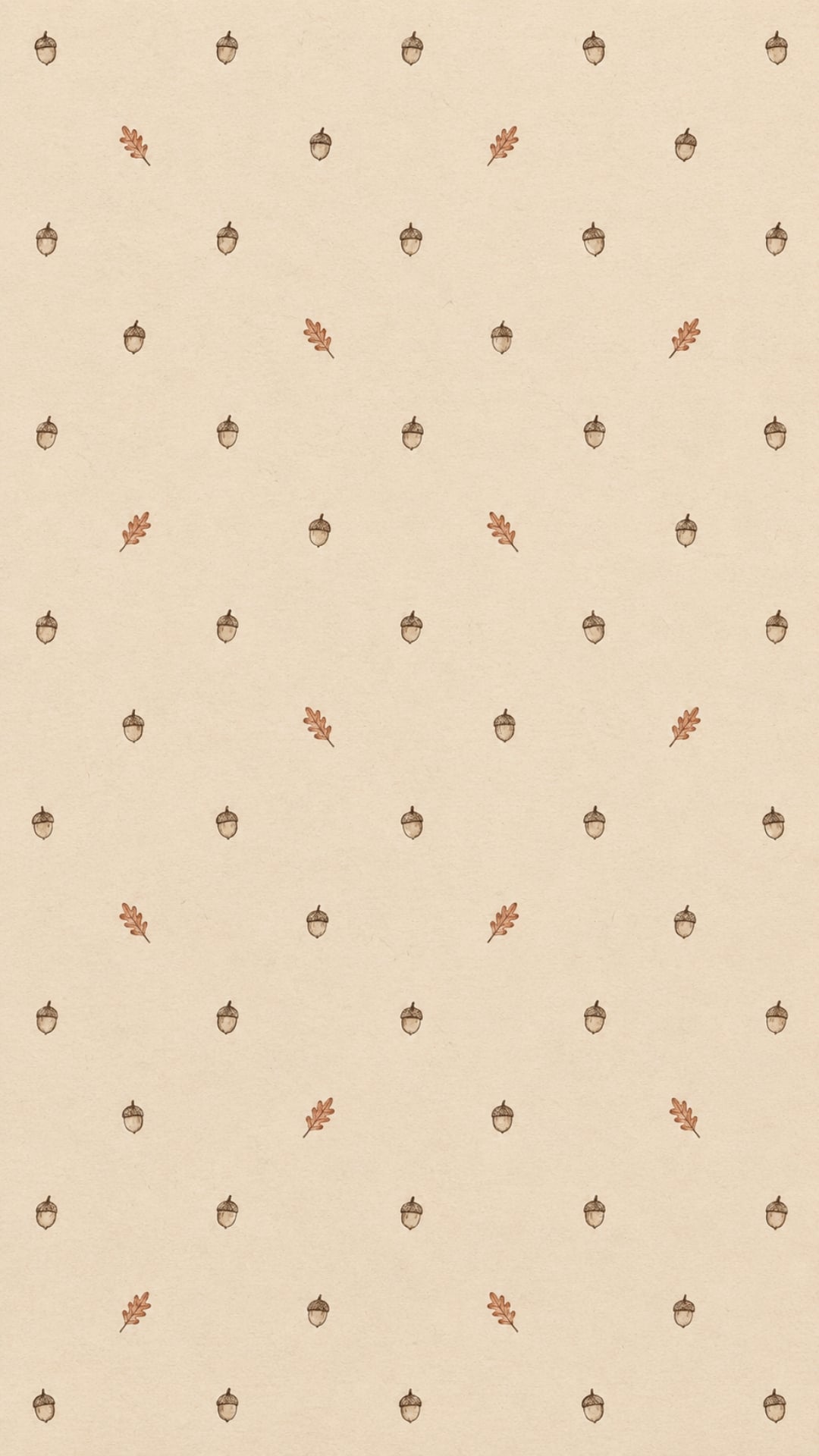 Simple fall iPhone wallpaper with a tiny hand-drawn acorn grid on beige paper.