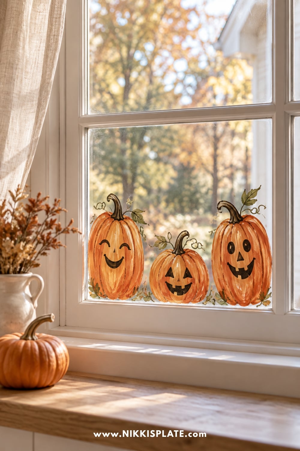 Three smiling rust-orange pumpkins painted along the bottom of a window.