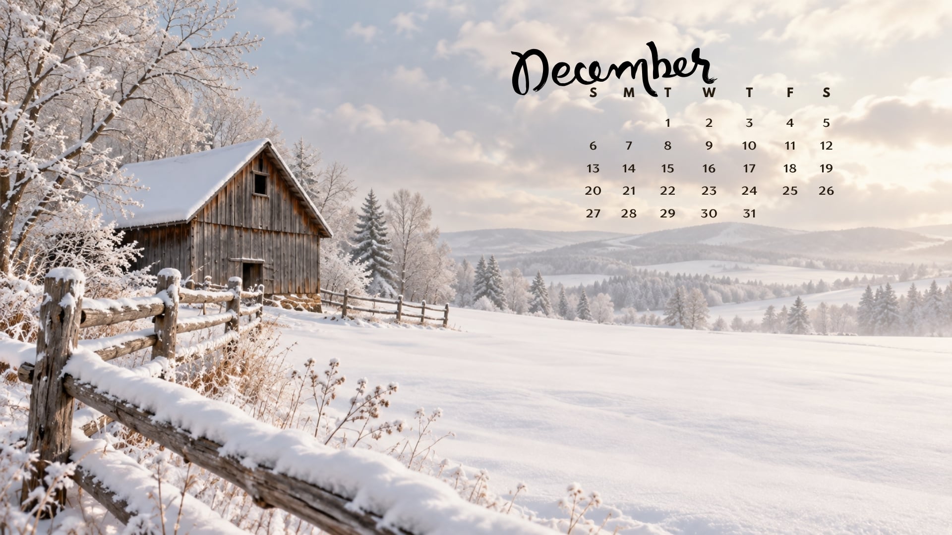 December 2026 desktop calendar with a weathered timber barn and split rail fence in a snowy field.