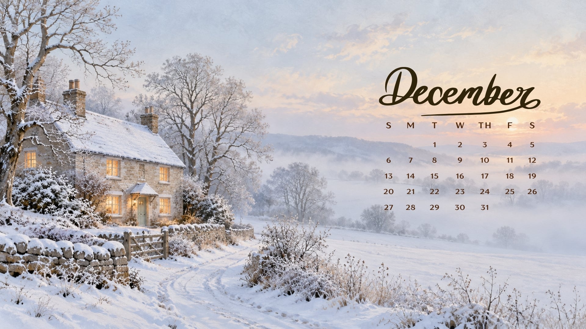December 2026 desktop calendar with a snowy cottage and glowing windows in a pale blue winter landscape.