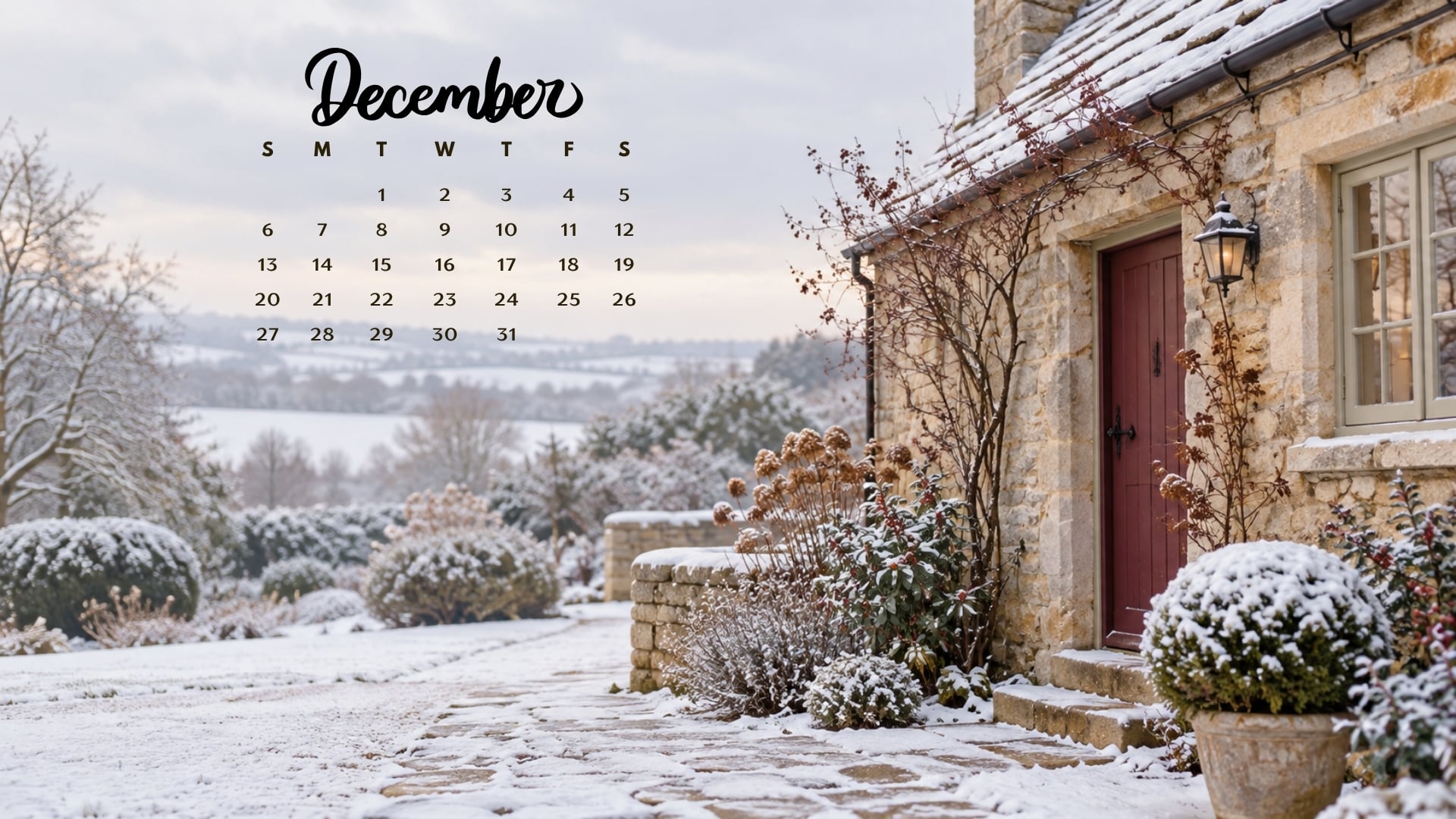 December 2026 desktop calendar with a snow-covered limestone cottage and muted burgundy door.