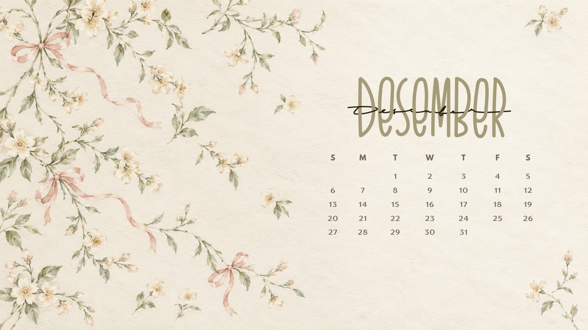 December 2026 desktop calendar with a soft floral chintz pattern, sage vines and dusty blush bows.
