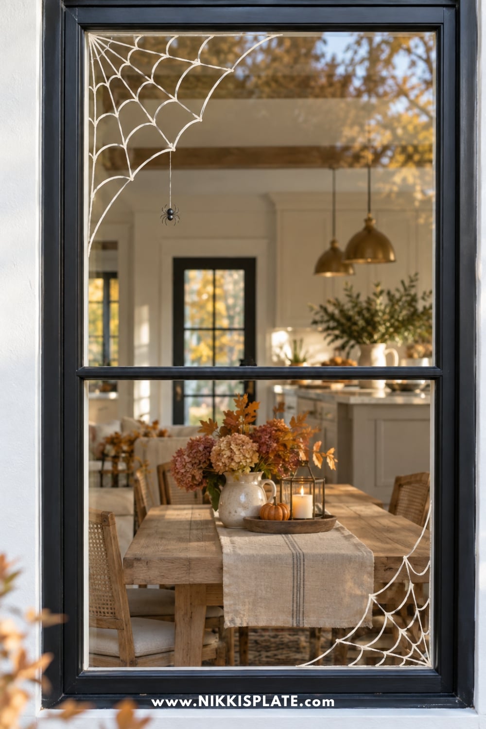Fine white spiderwebs painted in opposite corners of a black-framed window.