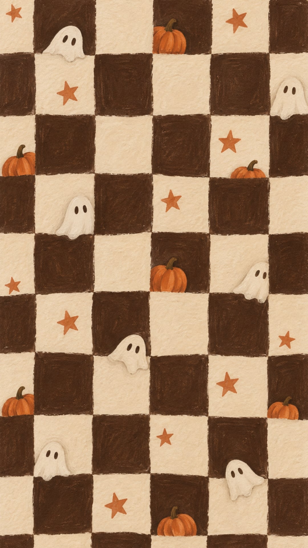 Spooky cute iPhone wallpaper with cream ghosts, orange stars and a brown checkerboard pattern.