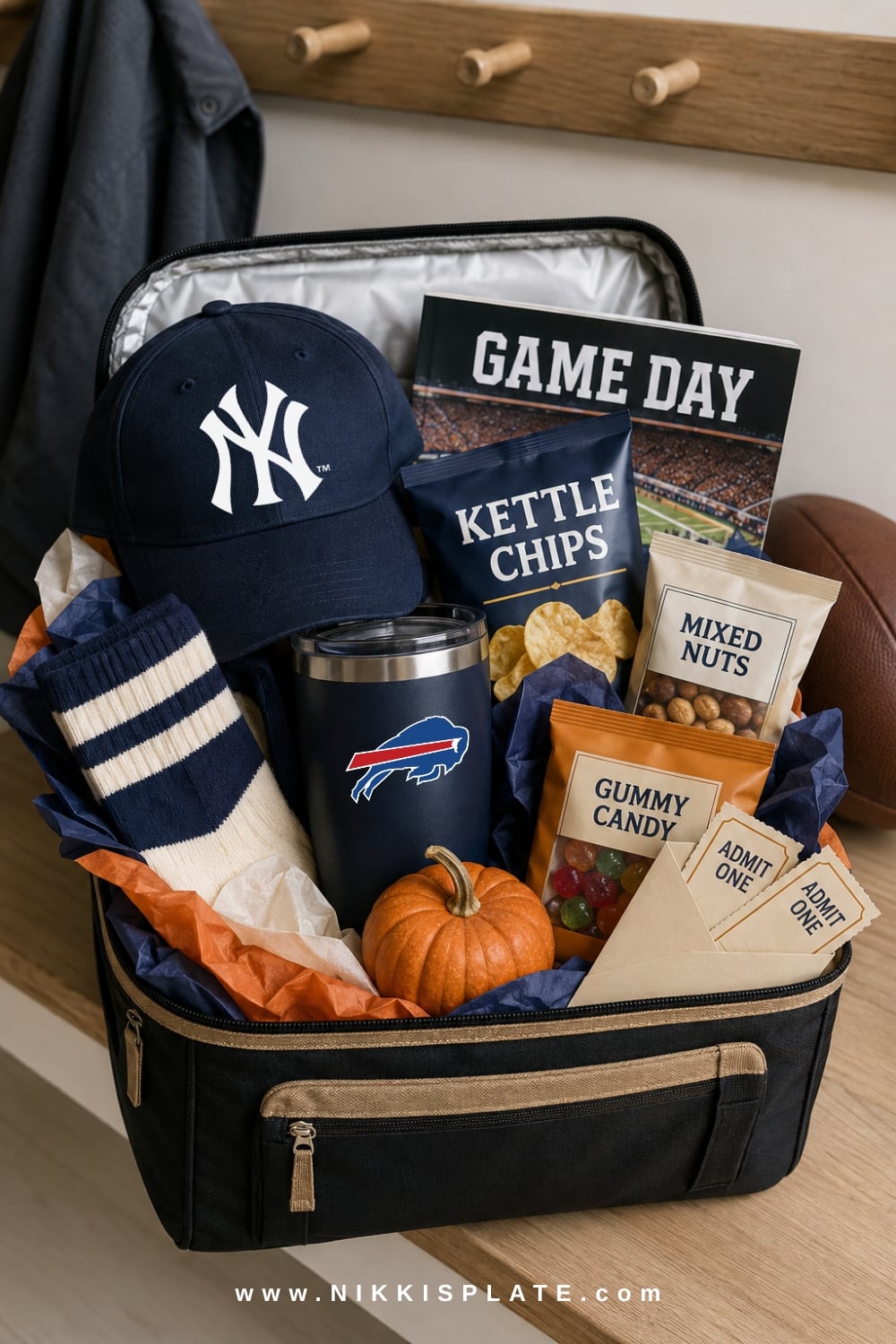 Sports fan boo basket for men with a cap, game-day snacks, insulated cup, tickets and Halloween details.