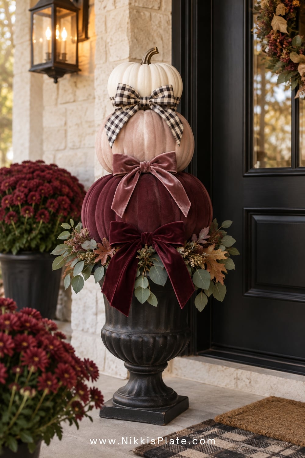 Stacked cream, blush and burgundy pumpkin topiary with velvet bows and autumn greenery.