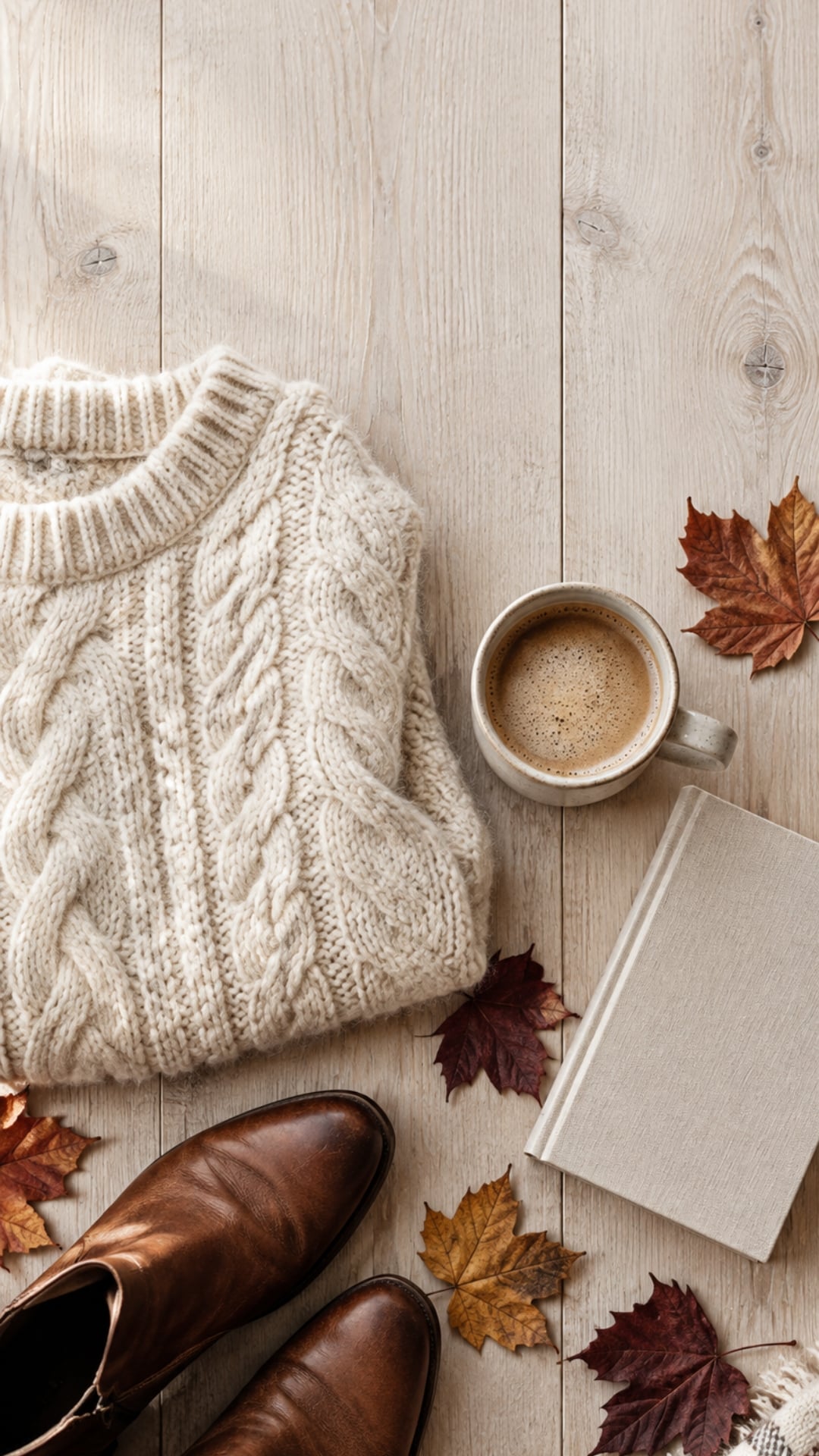 Fall iPhone background with a knit sweater, leather boots, coffee and maple leaves.
