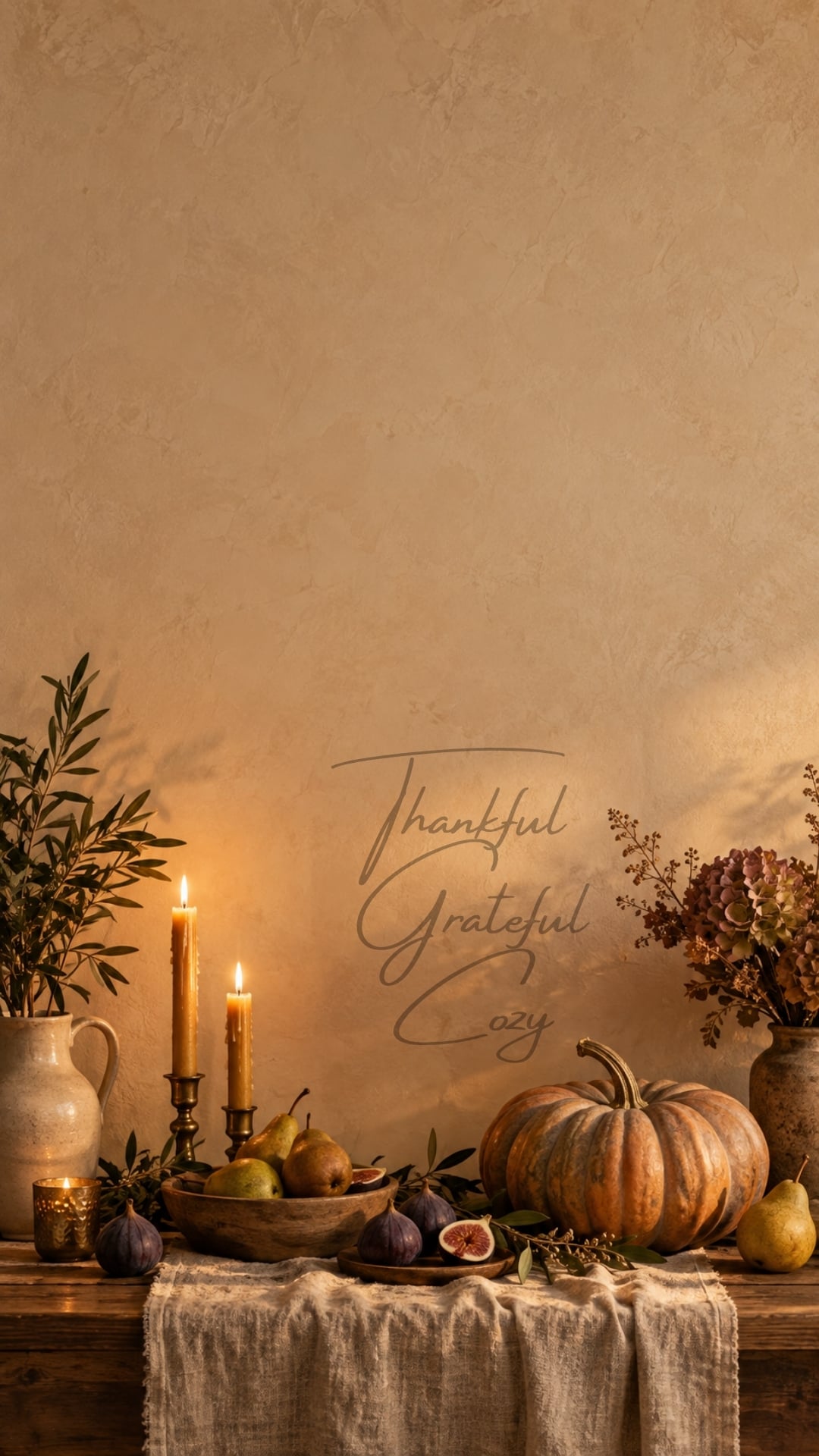Thankful Grateful Cozy fall iPhone wallpaper with a simple harvest table and candlelight.