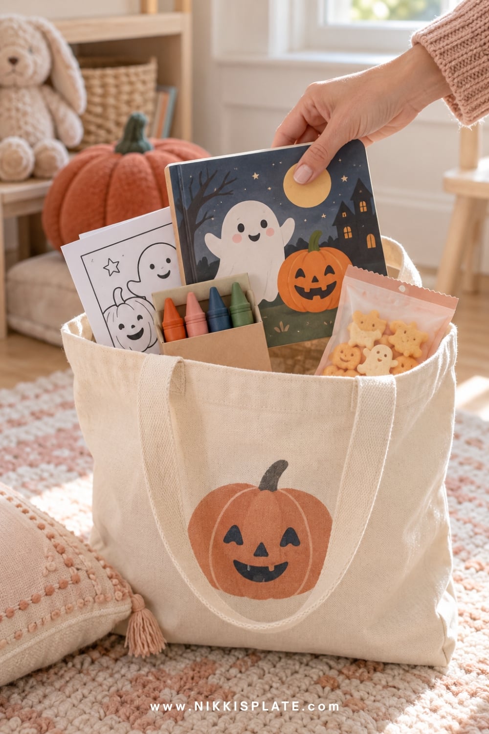 Toddler Halloween goodie bag with board book, jumbo crayons and bold colouring sheet.