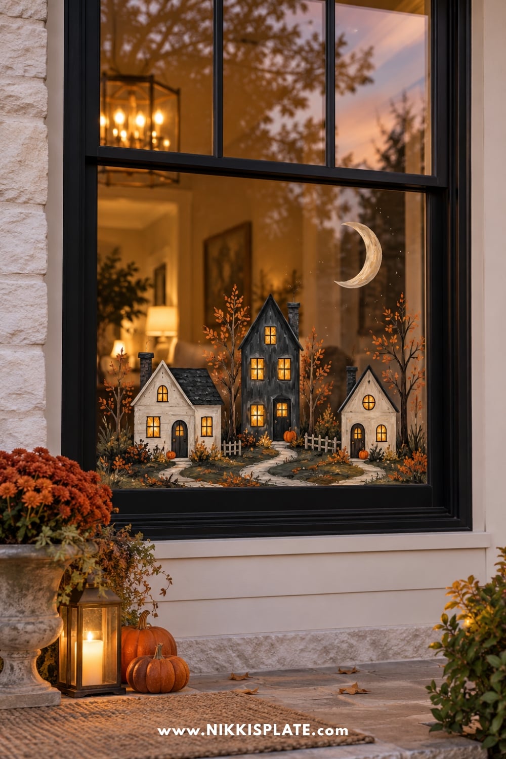 Three little Halloween houses painted along a window beneath a crescent moon.