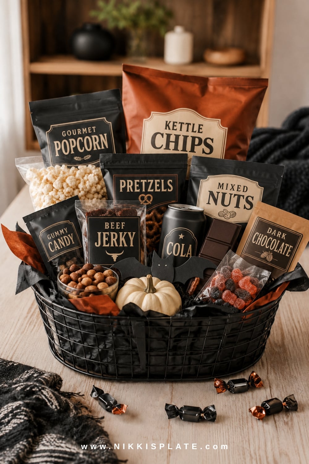 Black snack-filled boo basket for men with jerky, chips, popcorn, candy and subtle Halloween accents.