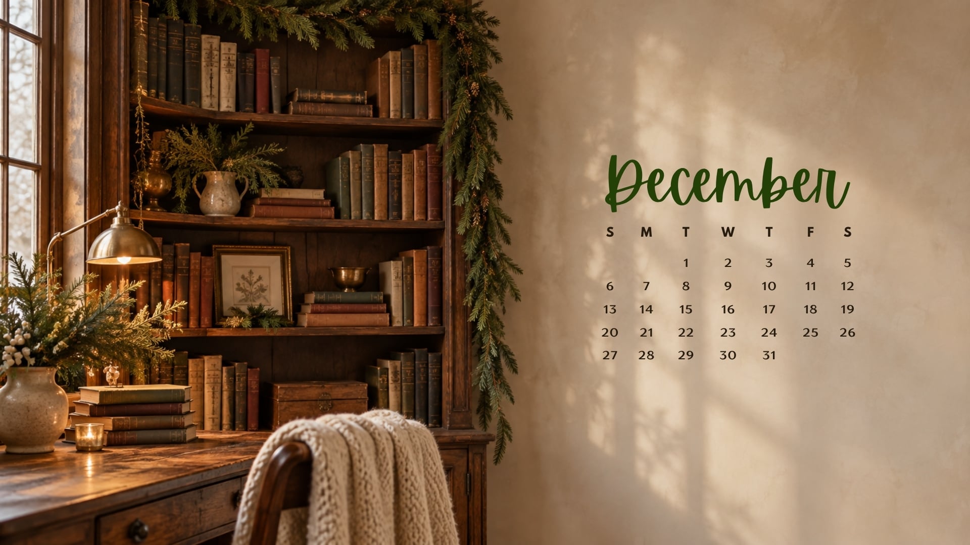 December 2026 desktop calendar with walnut bookshelves, evergreen garland and a warm brass reading lamp.