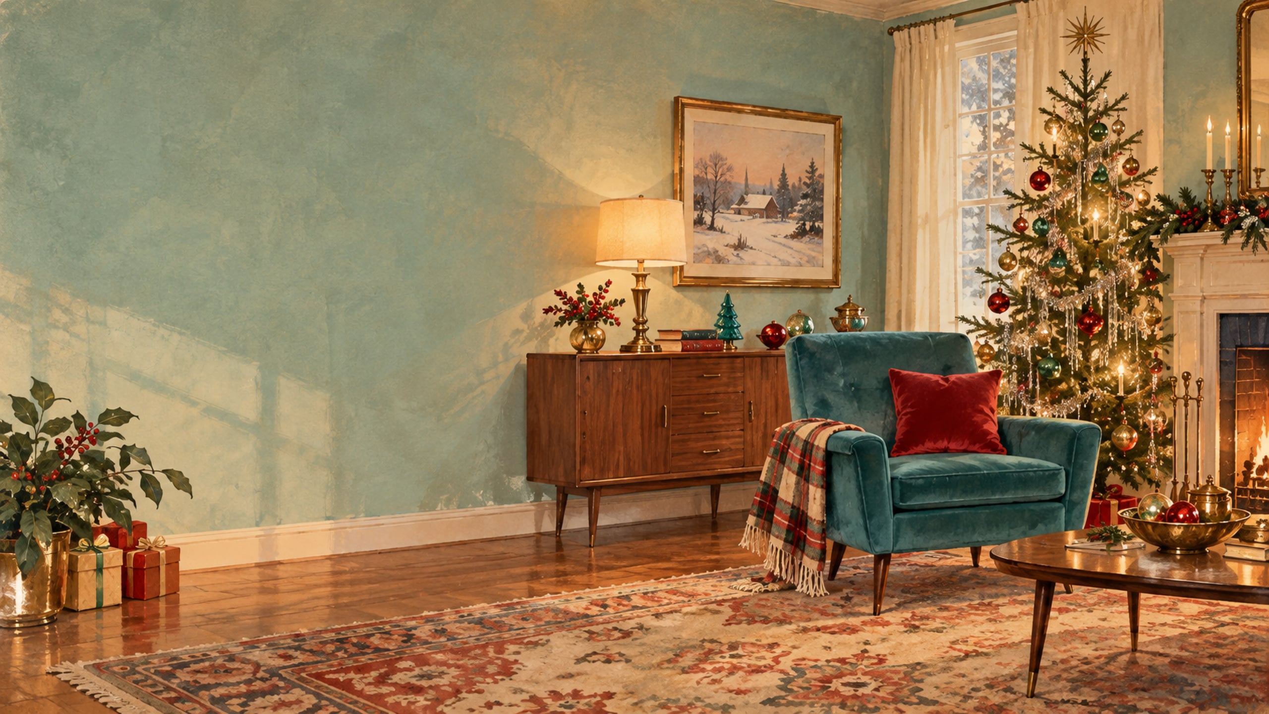 Mid-century living room with a tinsel Christmas tree, teal armchair and colourful glass ornaments.