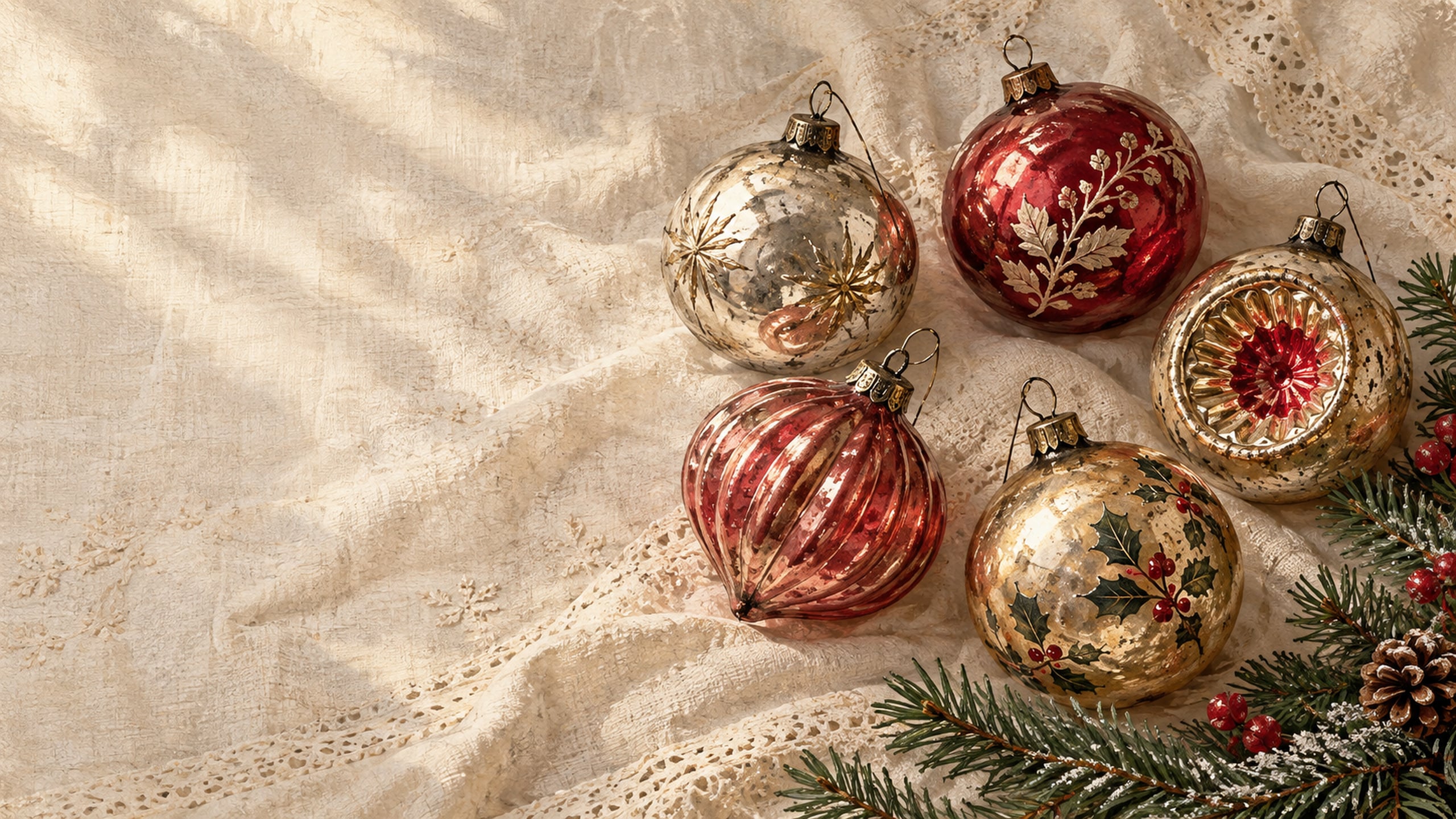Vintage-style glass ornaments in muted red, silver and gold beside evergreen branches on cream linen.