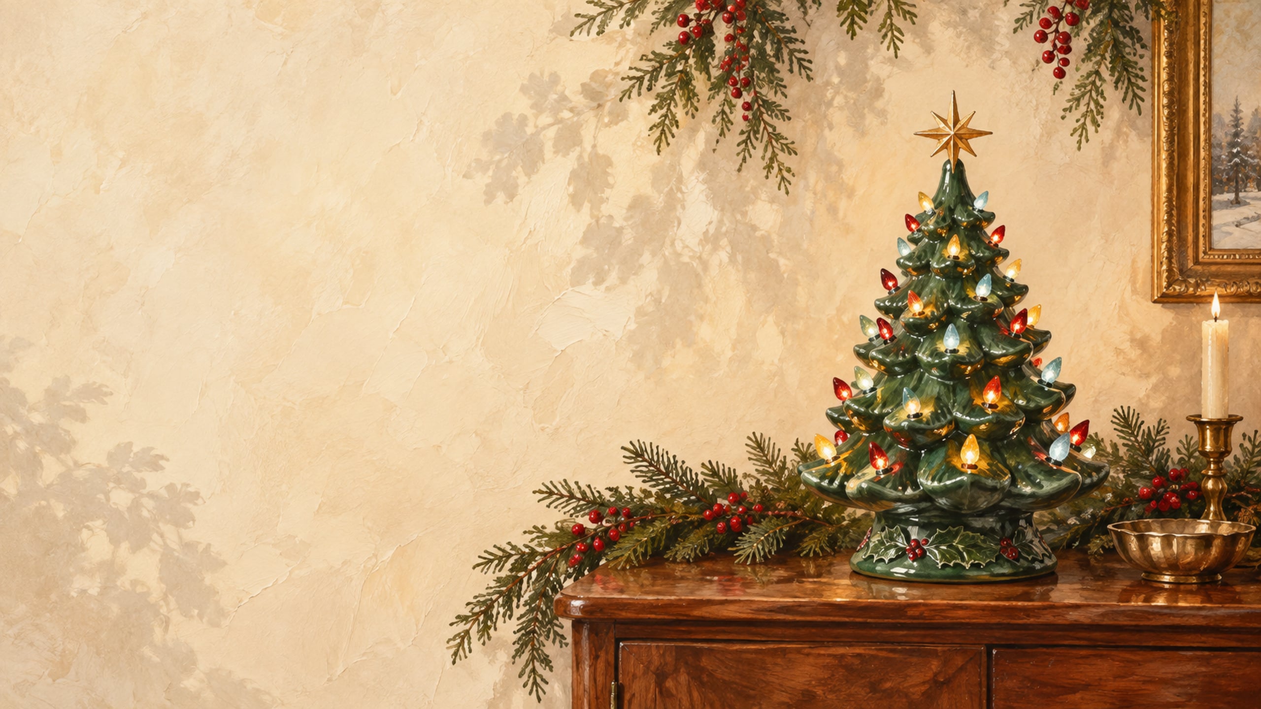 Green ceramic Christmas tree with colourful lights and a gold star on a walnut console against a cream wall.