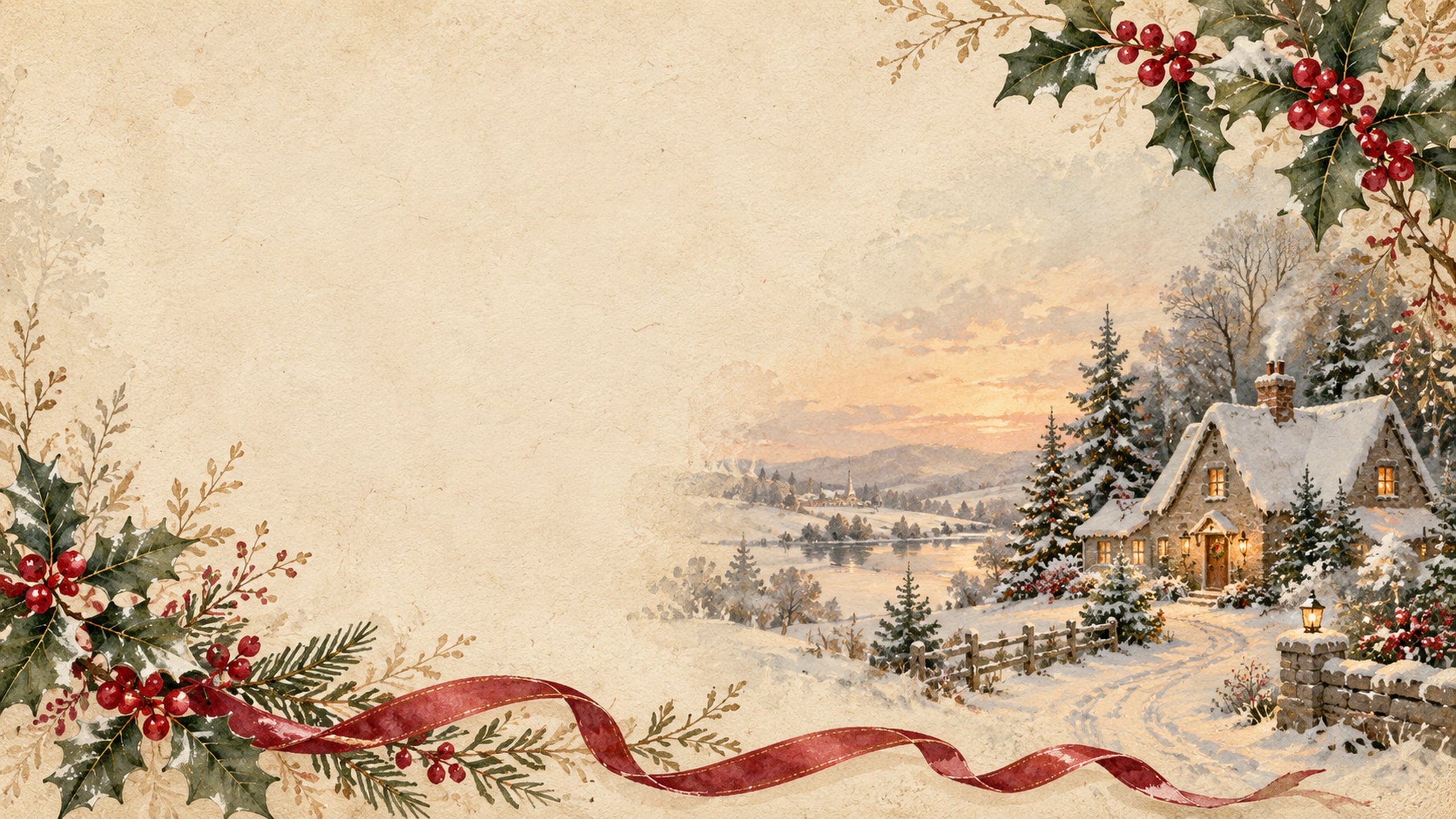 Christmas postcard-style background with painted holly, cream paper and a small snowy cottage.